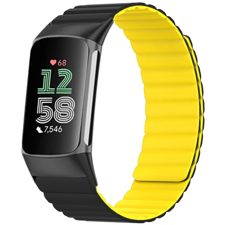 Fitbit Charge 6 / 5 Magnetic Watch Band Silicone Adjustable Wriststrap - Black+Yellow#serie_3