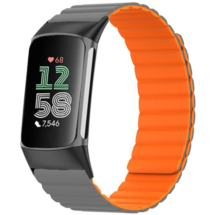 Fitbit Charge 6 / 5 Magnetic Watch Band Silicone Adjustable Wriststrap - Grey+Orange#serie_5