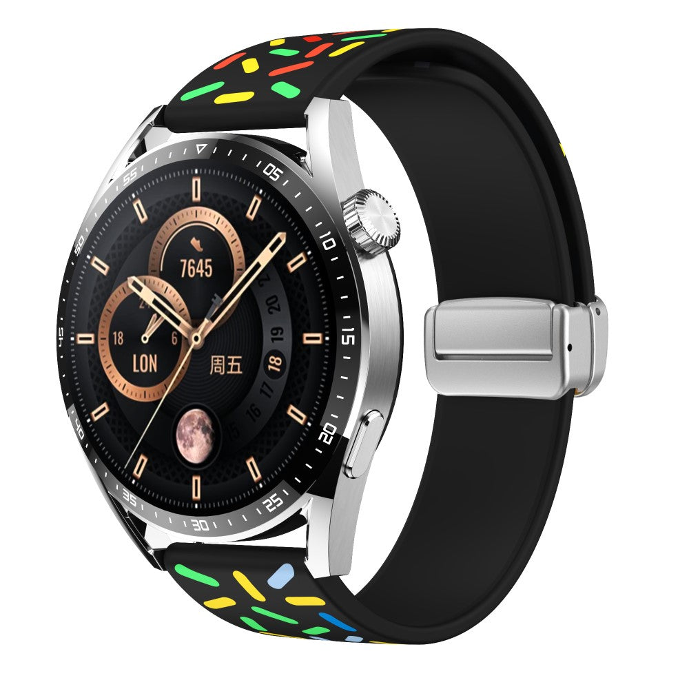 22mm Universal colorful pattern style silicone strap with silver buckle - Black Rainbow#serie_1