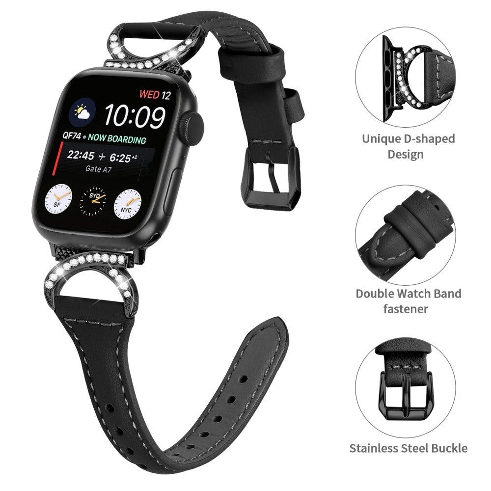 Skøn Ægte Læder Og Rhinsten Universal Rem passer til Apple Smartwatch - Sort#serie_1