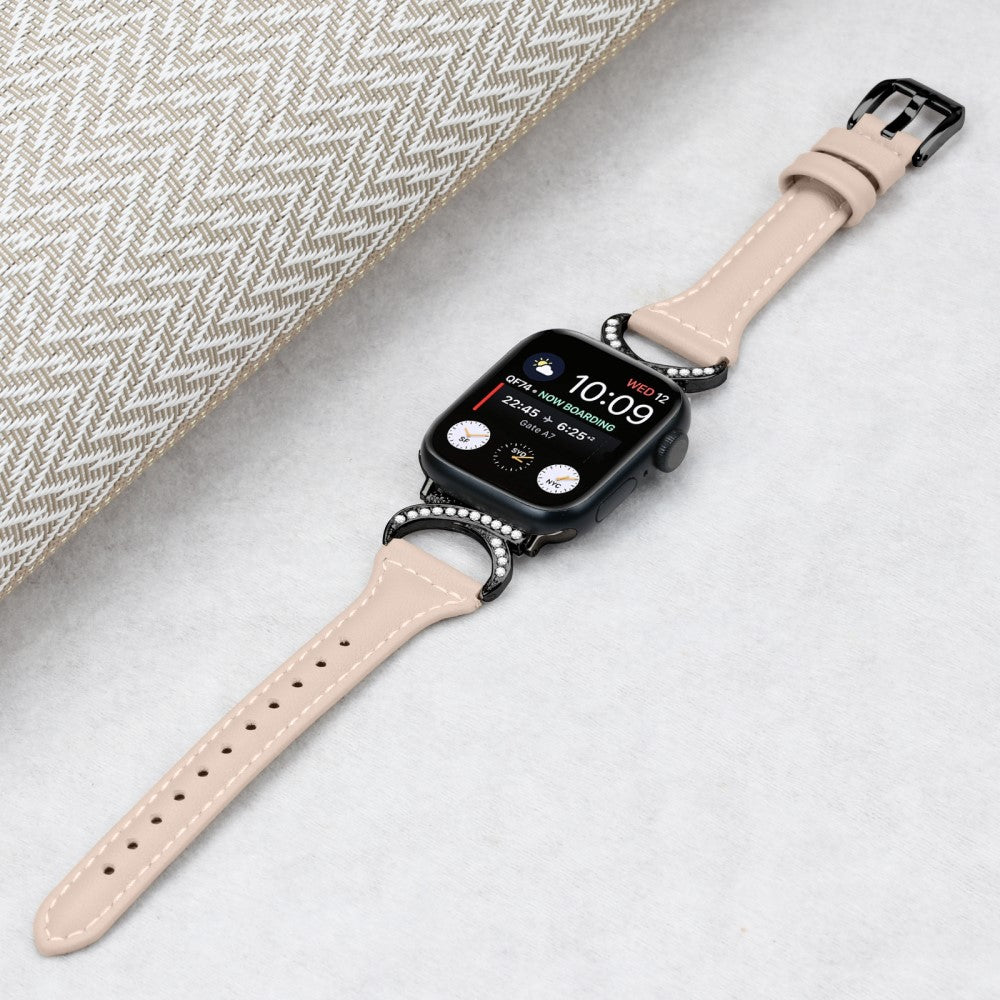 Skøn Ægte Læder Og Rhinsten Universal Rem passer til Apple Smartwatch - Beige#serie_5