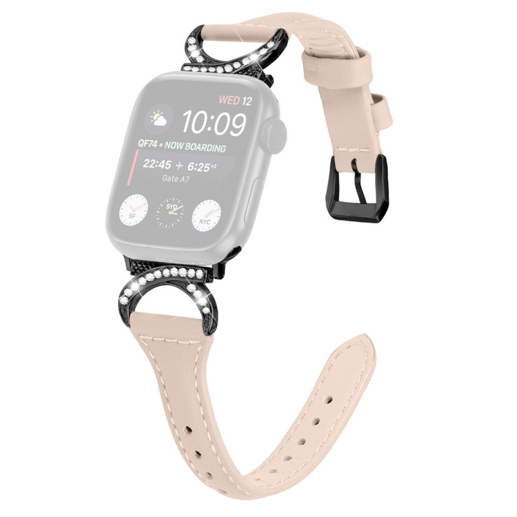 Skøn Ægte Læder Og Rhinsten Universal Rem passer til Apple Smartwatch - Beige#serie_5