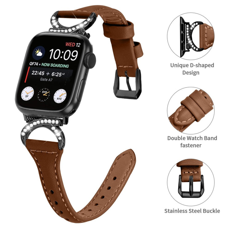 Skøn Ægte Læder Og Rhinsten Universal Rem passer til Apple Smartwatch - Brun#serie_6