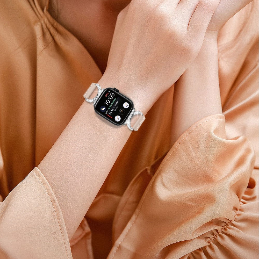 Smuk Ægte Læder Og Rhinsten Universal Rem passer til Apple Smartwatch - Beige#serie_5
