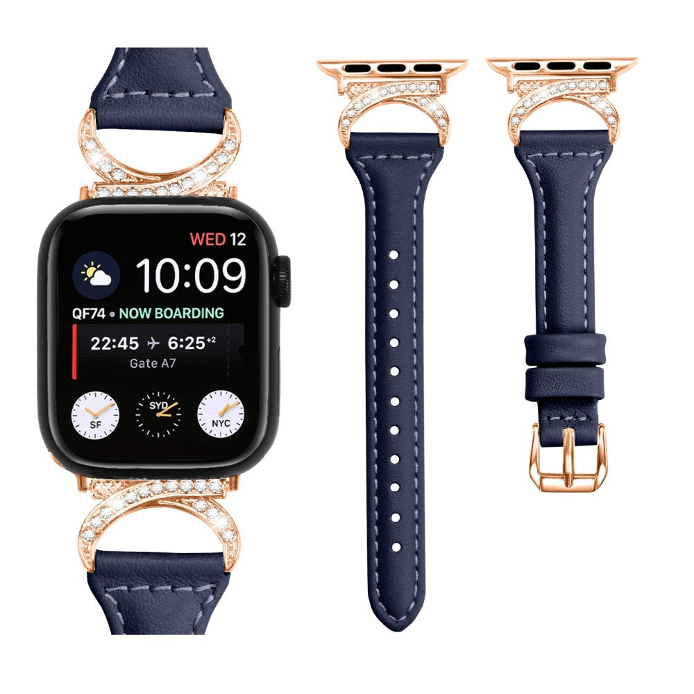 Solid Ægte Læder Og Rhinsten Universal Rem passer til Apple Smartwatch - Blå#serie_2