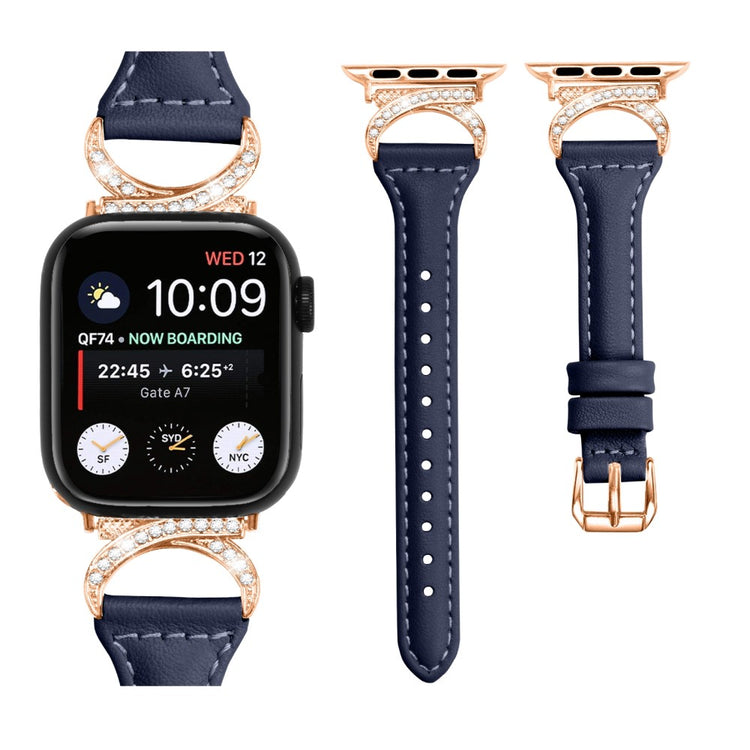 Solid Ægte Læder Og Rhinsten Universal Rem passer til Apple Smartwatch - Blå#serie_2