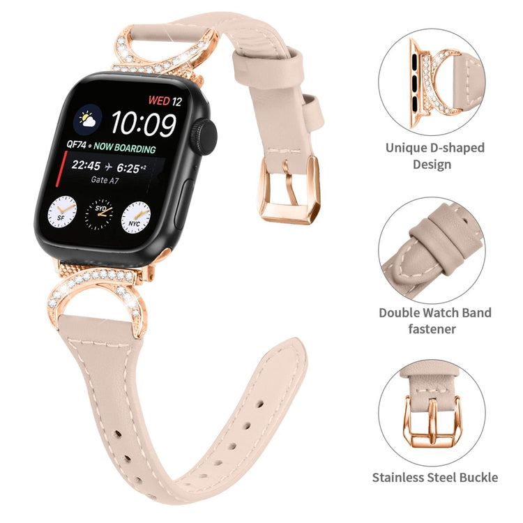 Solid Ægte Læder Og Rhinsten Universal Rem passer til Apple Smartwatch - Beige#serie_5