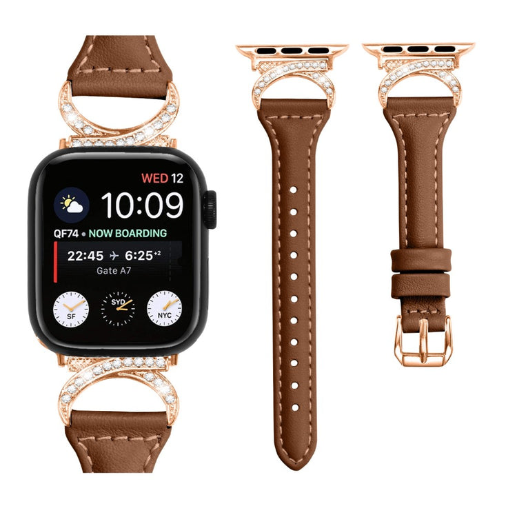 Solid Ægte Læder Og Rhinsten Universal Rem passer til Apple Smartwatch - Brun#serie_6