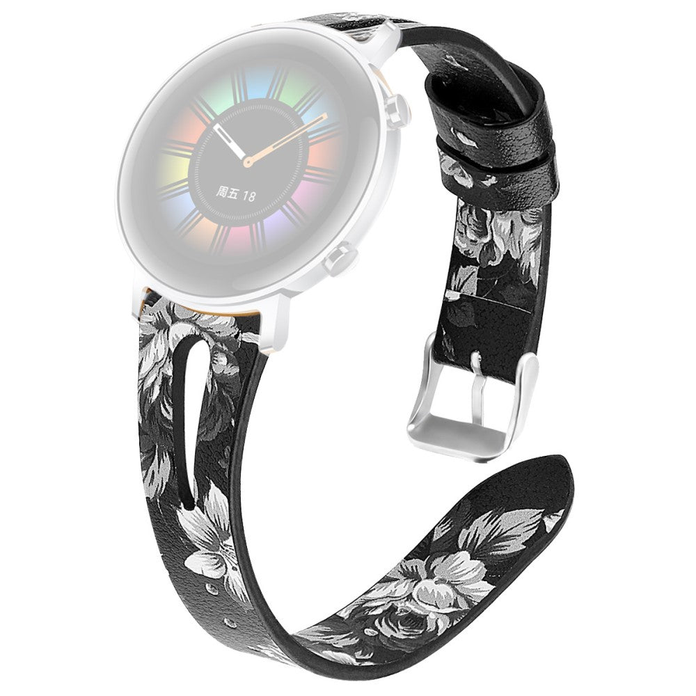 22mm Universal pattern genuine leather watch strap - Black Leather / Grey Flower#serie_10