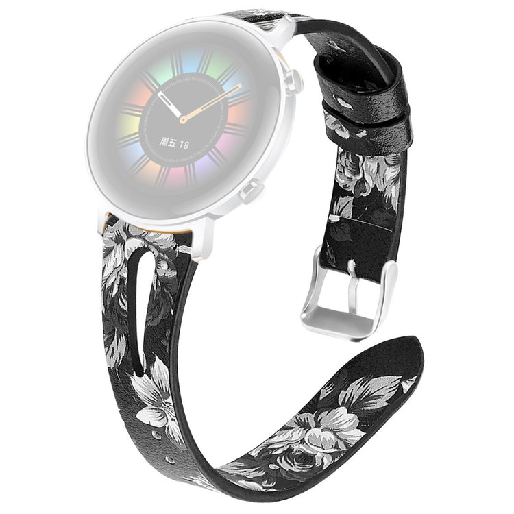22mm Universal pattern genuine leather watch strap - Black Leather / Grey Flower#serie_10