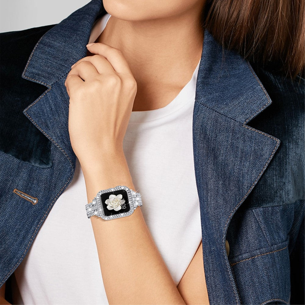 Skøn Apple Watch Series 7 45mm Metal og  Rhinsten Urrem - Sølv#serie_5