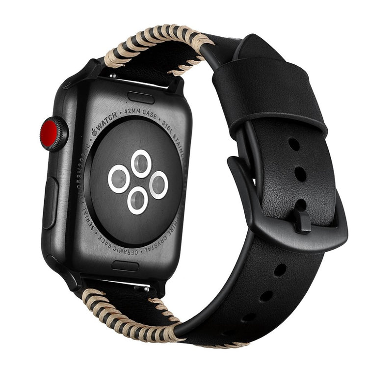 Apple Watch Series 5 44mm / Apple Watch 44mm Ægte læder Rem - Sort#serie_1