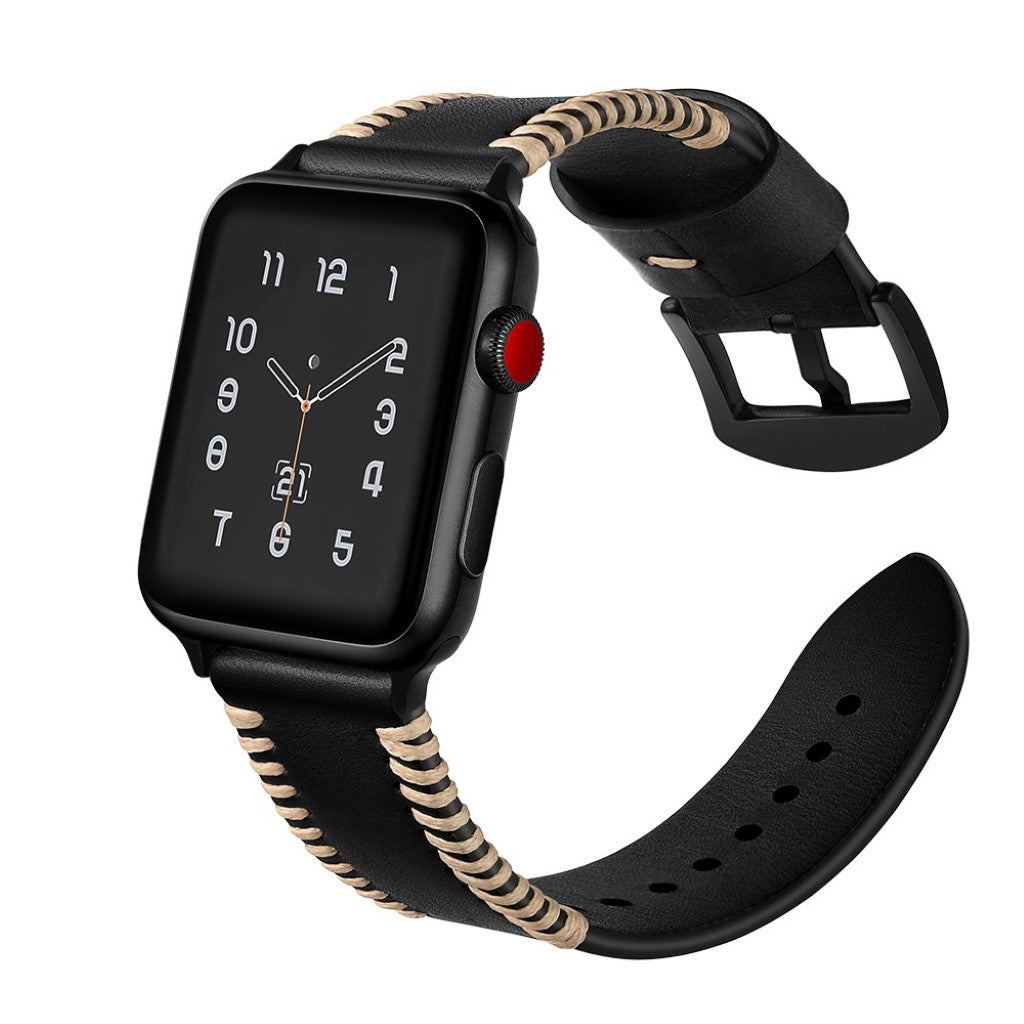 Apple Watch Series 5 44mm / Apple Watch 44mm Ægte læder Rem - Sort#serie_1