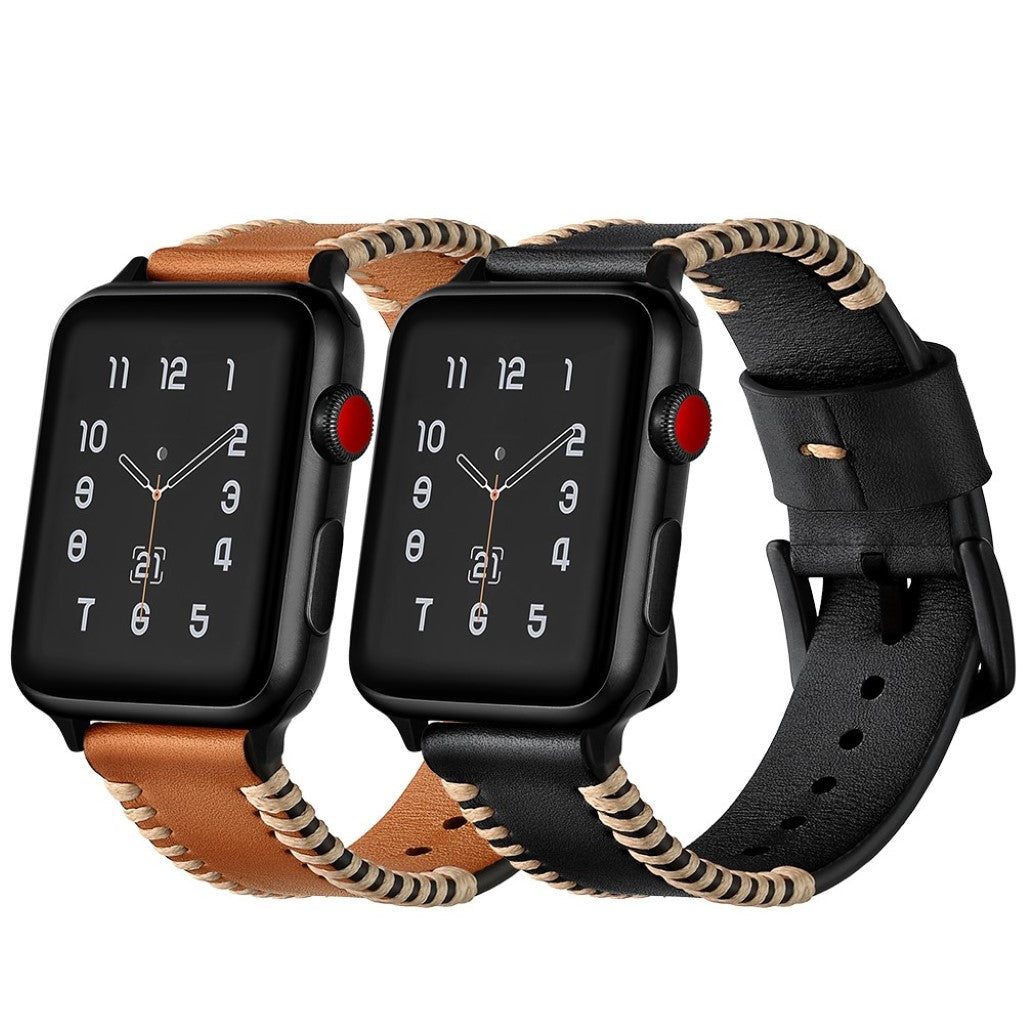 Apple Watch Series 5 44mm / Apple Watch 44mm Ægte læder Rem - Sort#serie_1