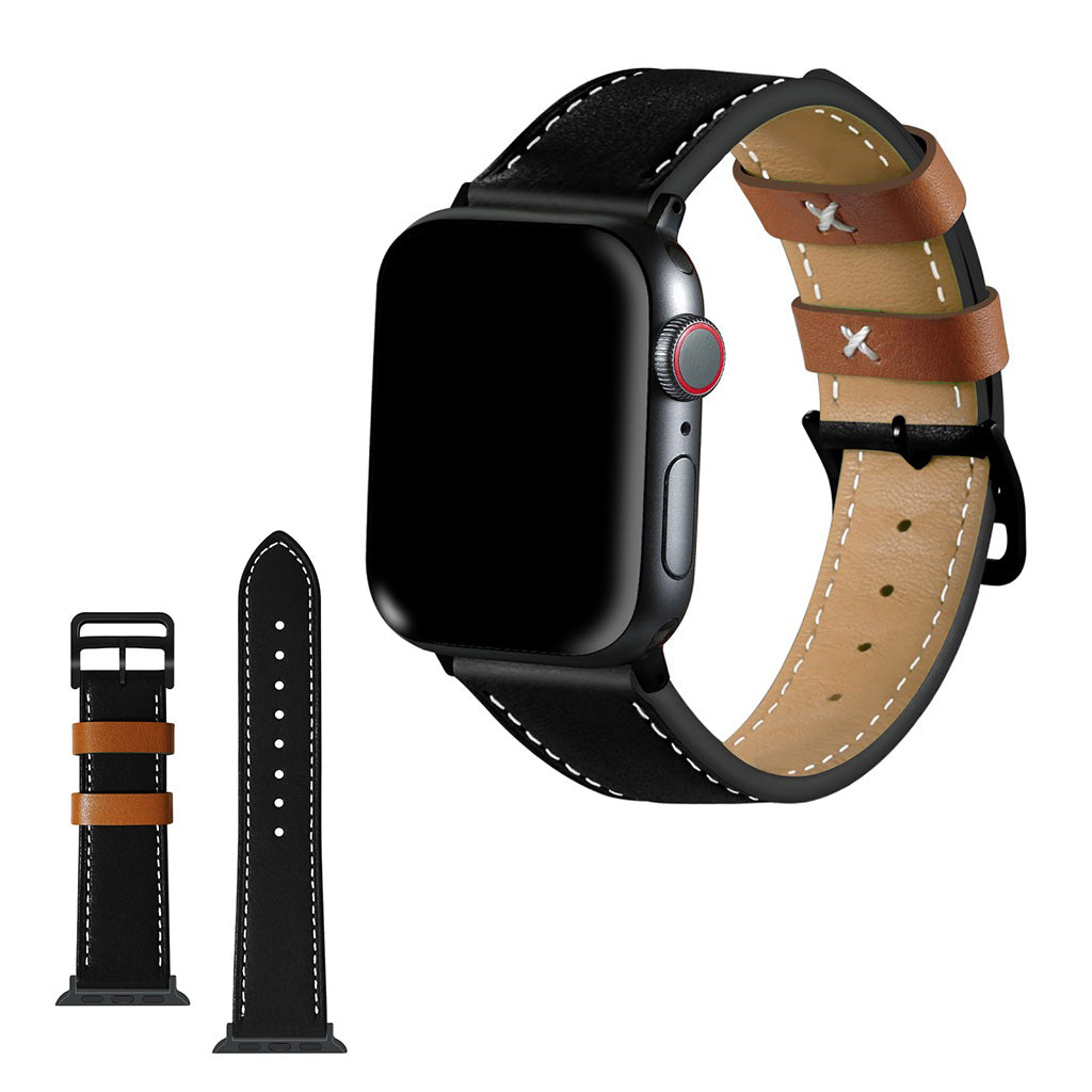 Apple Watch Series 5 44mm / Apple Watch 44mm Ægte læder Rem - Sort#serie_2