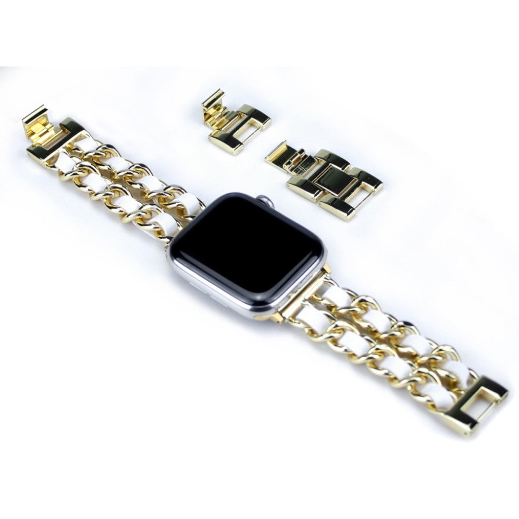 Apple Watch Series 5 44mm / Apple Watch 44mm Metal og Kunstlæder Rem - Guld#serie_4