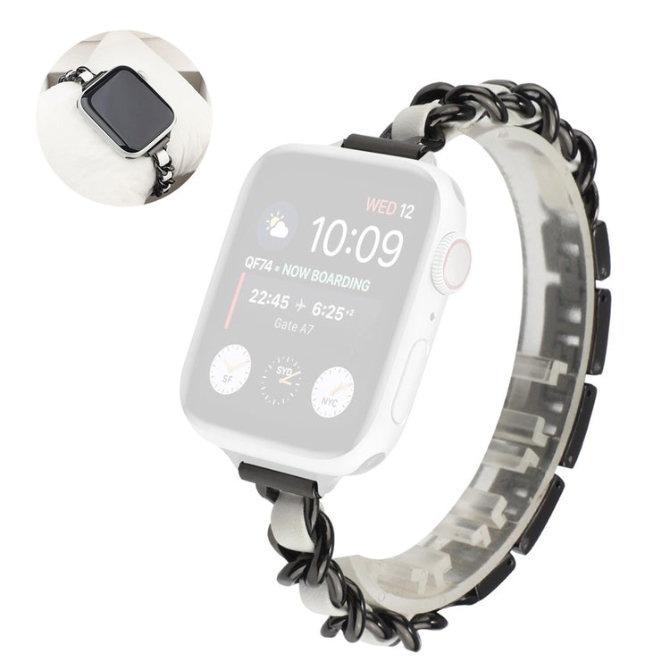 Stainless steel + leather watch band for Apple Watch Series 6 / 5 44mm - Black / White#serie_1