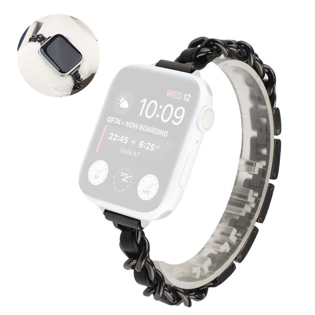 Stainless steel + leather watch band for Apple Watch Series 6 / 5 44mm - Black#serie_6