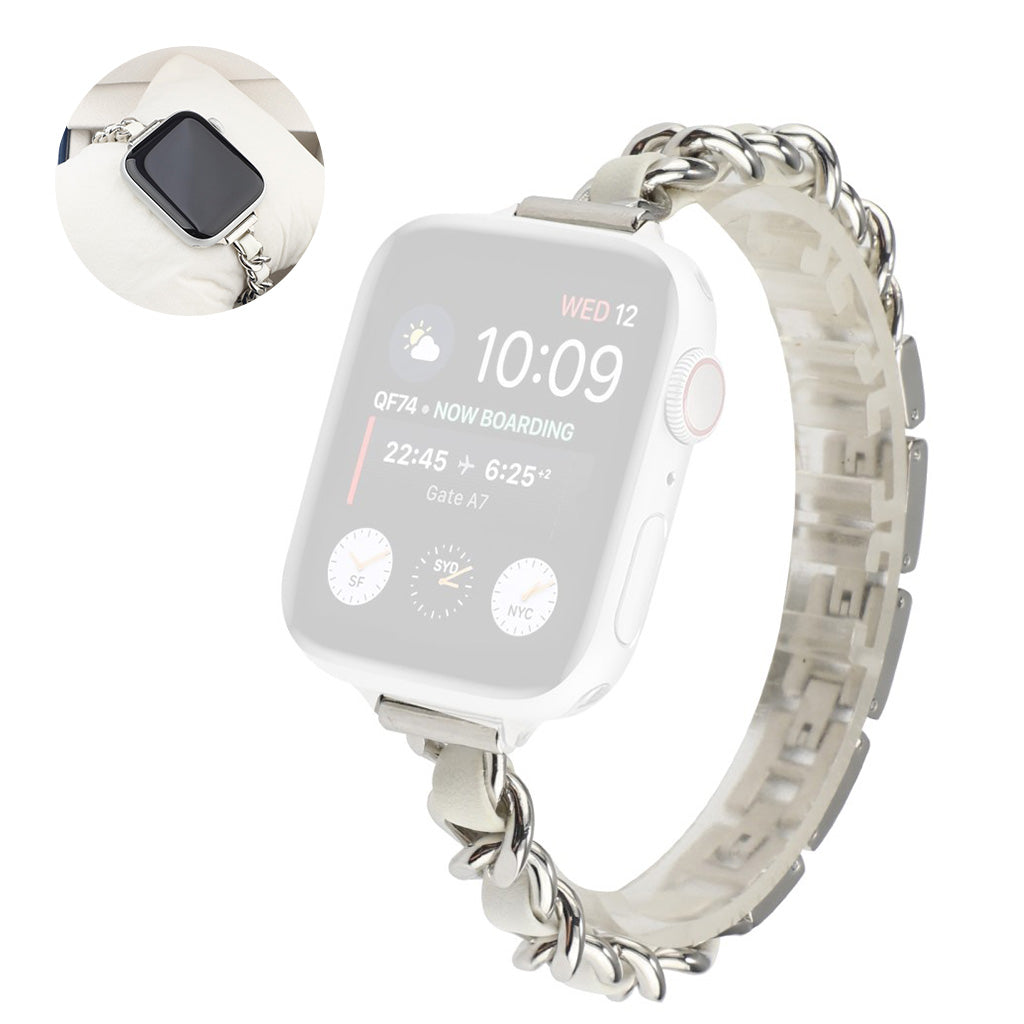 Stainless steel + leather watch band for Apple Watch Series 6 / 5 44mm - Silver / White#serie_7