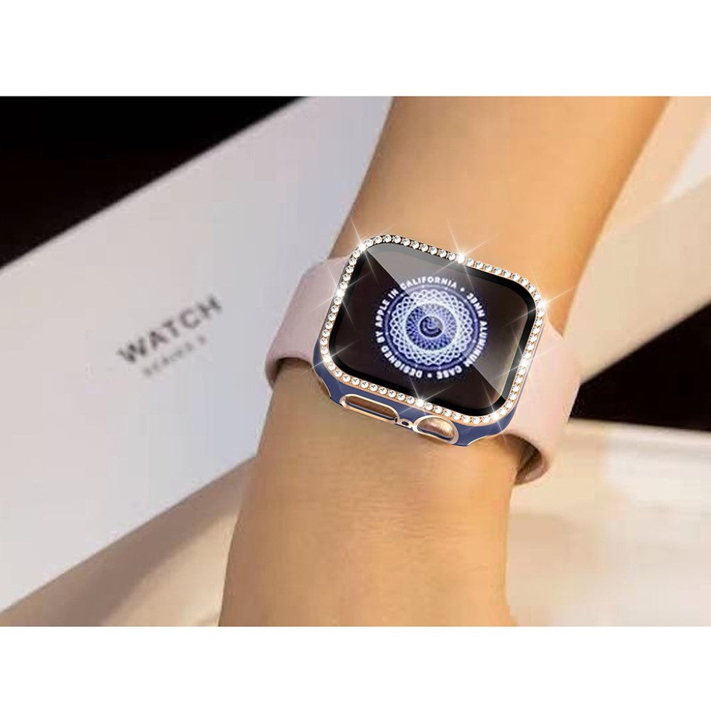 Super Fed Apple Watch 40mm Cover med Skærmbeskytter i Plastik, Rhinsten og Hærdet Glas - Blå#serie_10
