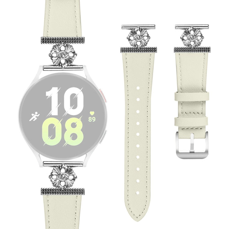 Samsung Galaxy Watch4 Classic 42mm / 46mm Watch Band Genuine Cow Leather Flower Decor Adjustable Strap - White#serie_1