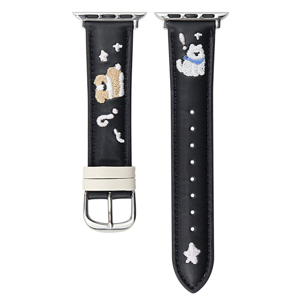 Leather Strap Apple Watch Series 10 42mm Cat Embroidery Adjustable Band - Black#serie_1