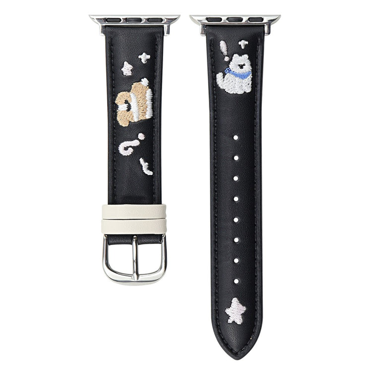 Leather Strap Apple Watch Series 10 42mm Cat Embroidery Adjustable Band - Black#serie_1