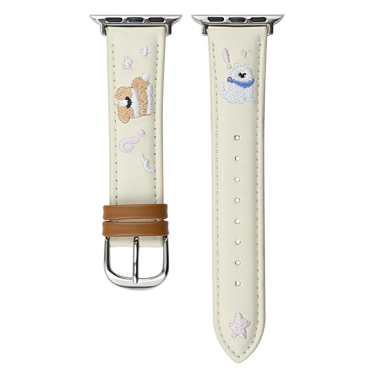 Leather Strap Apple Watch Series 10 42mm Cat Embroidery Adjustable Band - White#serie_3