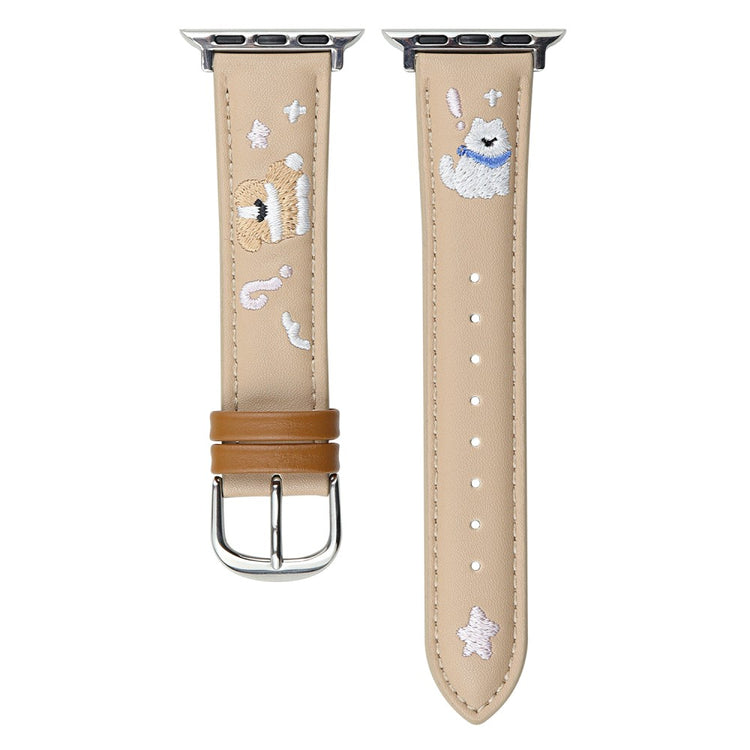 Leather Strap Apple Watch Series 10 42mm Cat Embroidery Adjustable Band - Apricot#serie_4