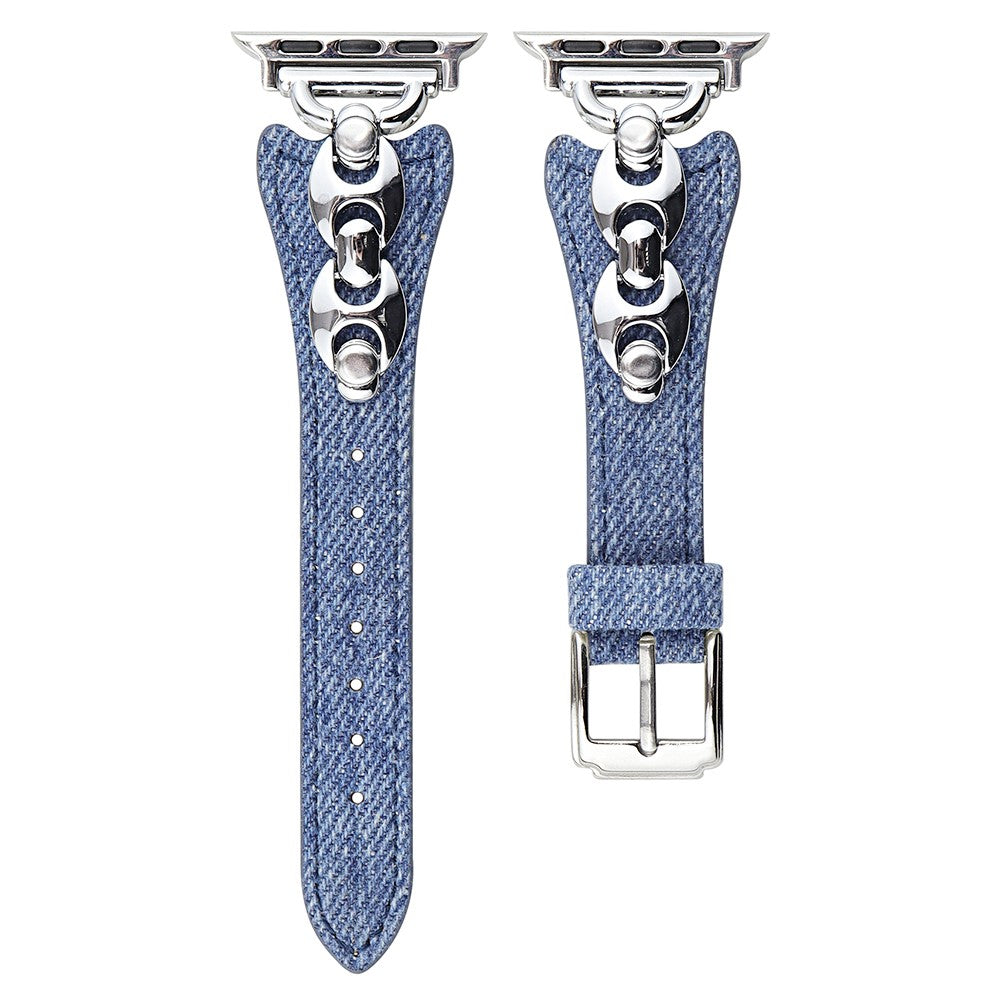 Watch Band Apple Watch Series 10 42mm Metal D-Buckle Denim Leather Strap - Blue  /  Silver#serie_1
