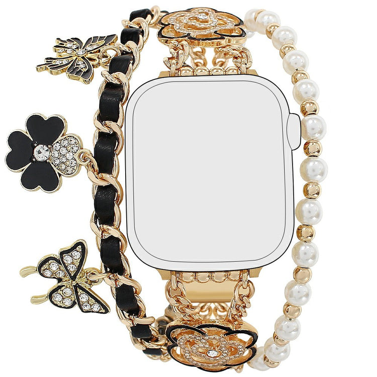 Zinc Alloy Bracelet Strap Apple Watch Series 41mm - 40mm - 38mm Flower Butterfly Watch Band - Black+Gold#serie_2