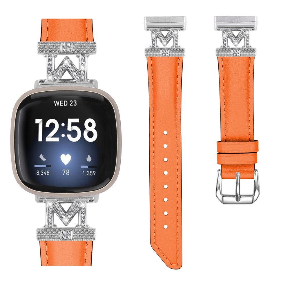Kønt Ægte Læder Og Rhinsten Universal Rem passer til Fitbit Smartwatch - Orange#serie_2