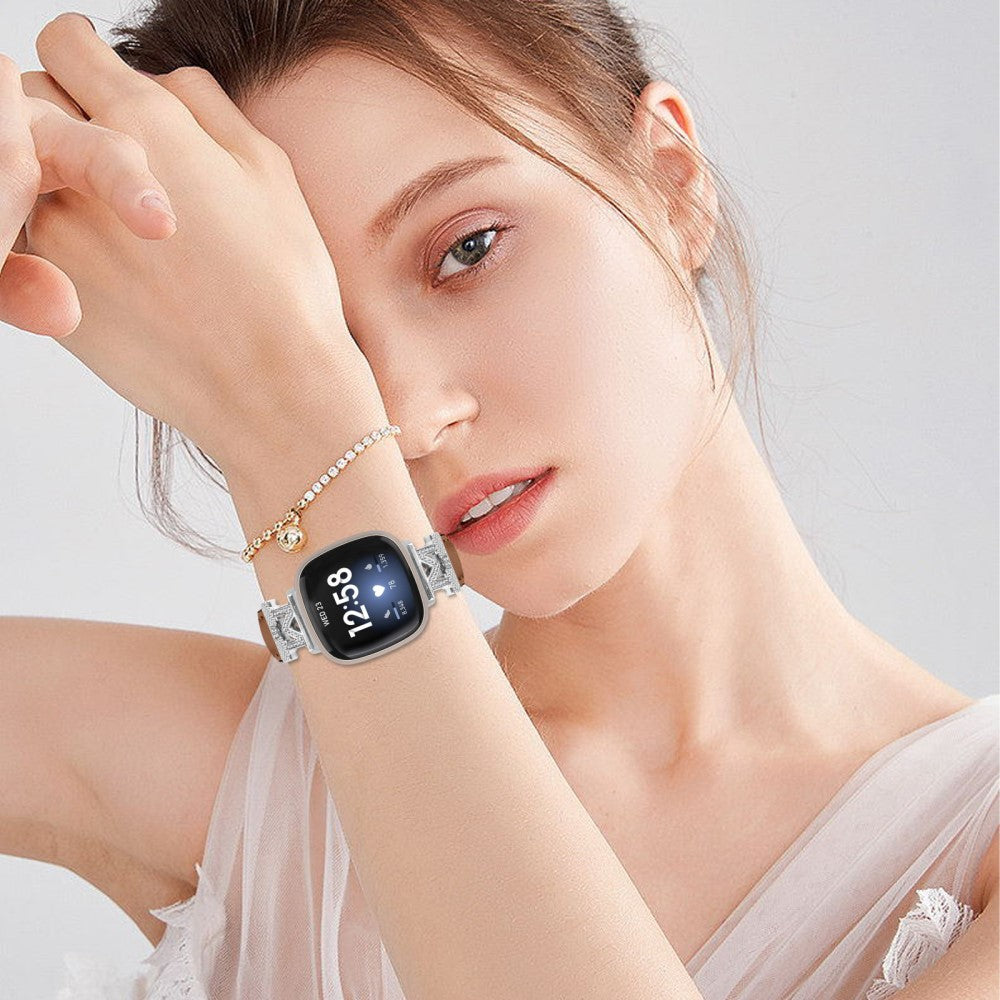 Kønt Ægte Læder Og Rhinsten Universal Rem passer til Fitbit Smartwatch - Brun#serie_6