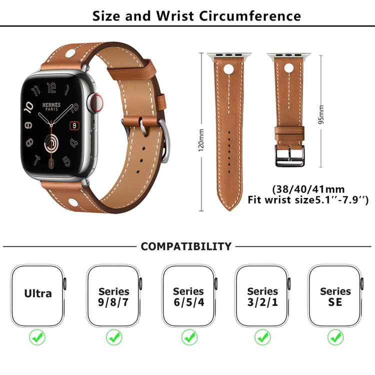 KALEBOL For Apple Watch Series 9 8 7 41mm / 6 5 4 SE (2023) SE (2022) SE 40mm / 3 2 1 38mm Genuine Cow Leather Band Rivet Decor - Brown#serie_1