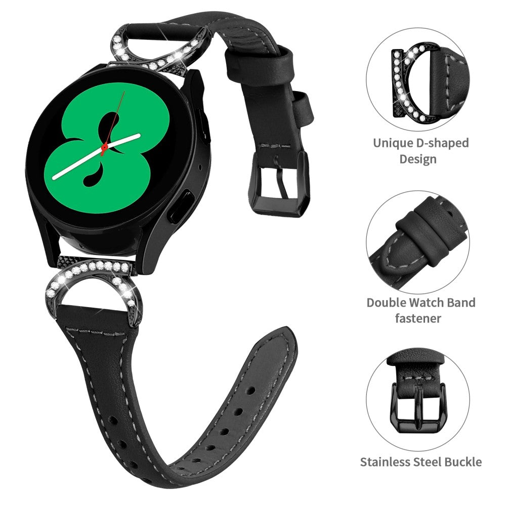 Fed Ægte Læder Og Rhinsten Universal Rem passer til Samsung Smartwatch - Sort#serie_1
