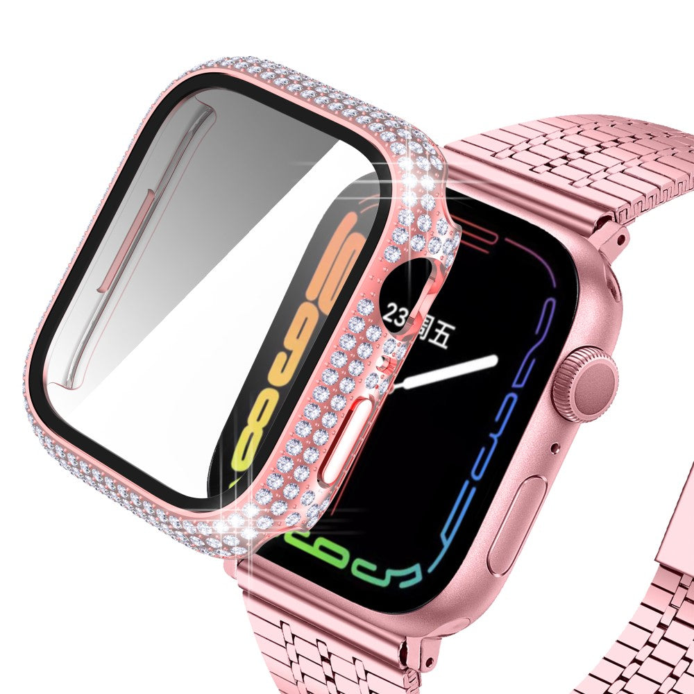 Beskyttende Apple Watch Series 7 41mm Cover med Skærmbeskytter i Plastik og Rhinsten - Pink#serie_2