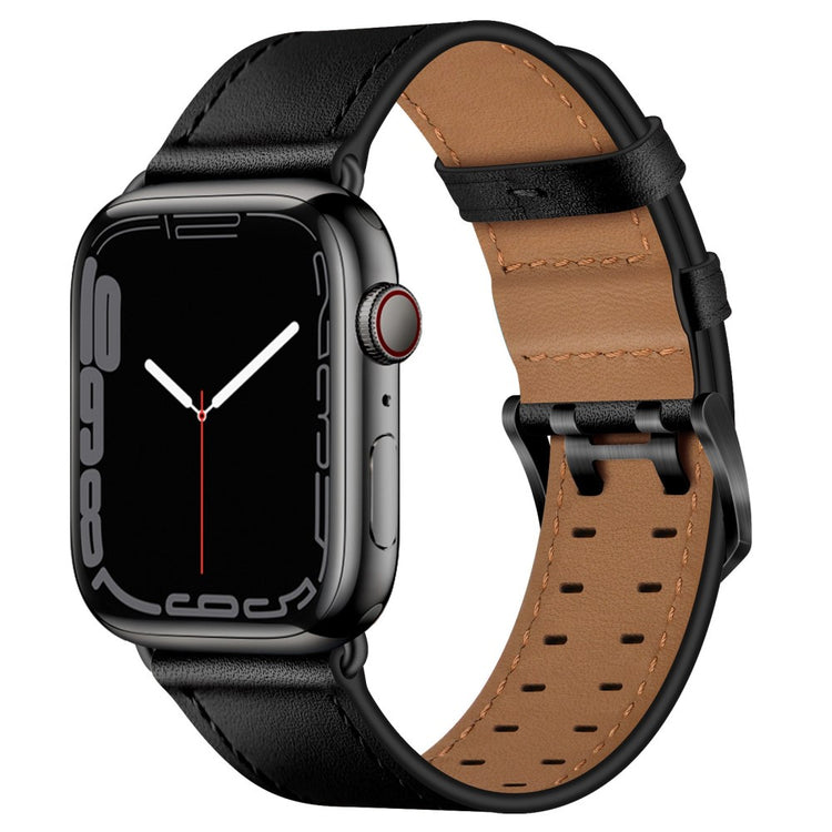 Slidstærk Apple Watch Series 7 45mm Ægte læder Urrem - Sort#serie_1