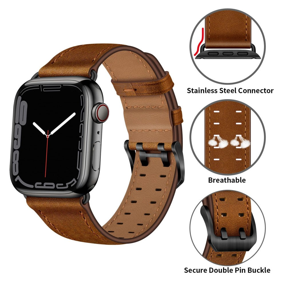 Slidstærk Apple Watch Series 7 45mm Ægte læder Urrem - Brun#serie_5