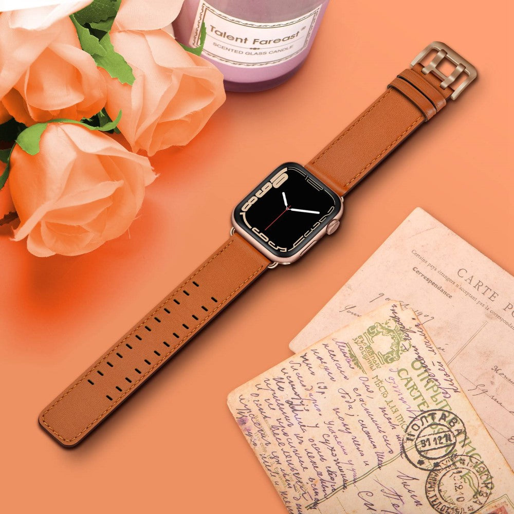 Slidstærk Apple Watch Series 7 45mm Ægte læder Urrem - Brun#serie_8