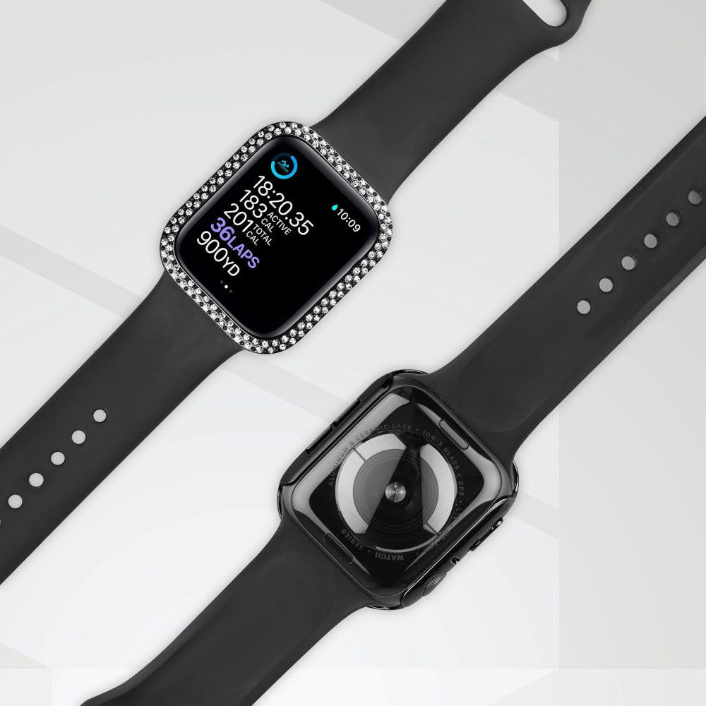 Super Fint Apple Watch Series 8 (45mm) / Apple Watch Series 7 45mm Cover med Skærmbeskytter i Plastik, Rhinsten og Hærdet Glas - Sort#serie_1