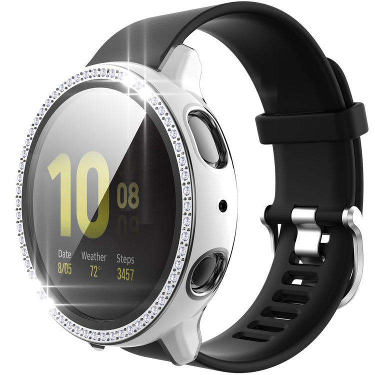 Fint Samsung Galaxy Watch Active 2 - 44mm Cover med Skærmbeskytter i Plastik, Rhinsten og Hærdet Glas - Sølv#serie_1