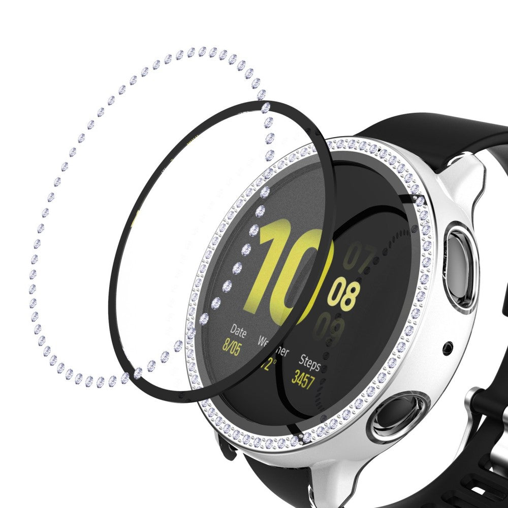 Fint Samsung Galaxy Watch Active 2 - 44mm Cover med Skærmbeskytter i Plastik, Rhinsten og Hærdet Glas - Sølv#serie_1