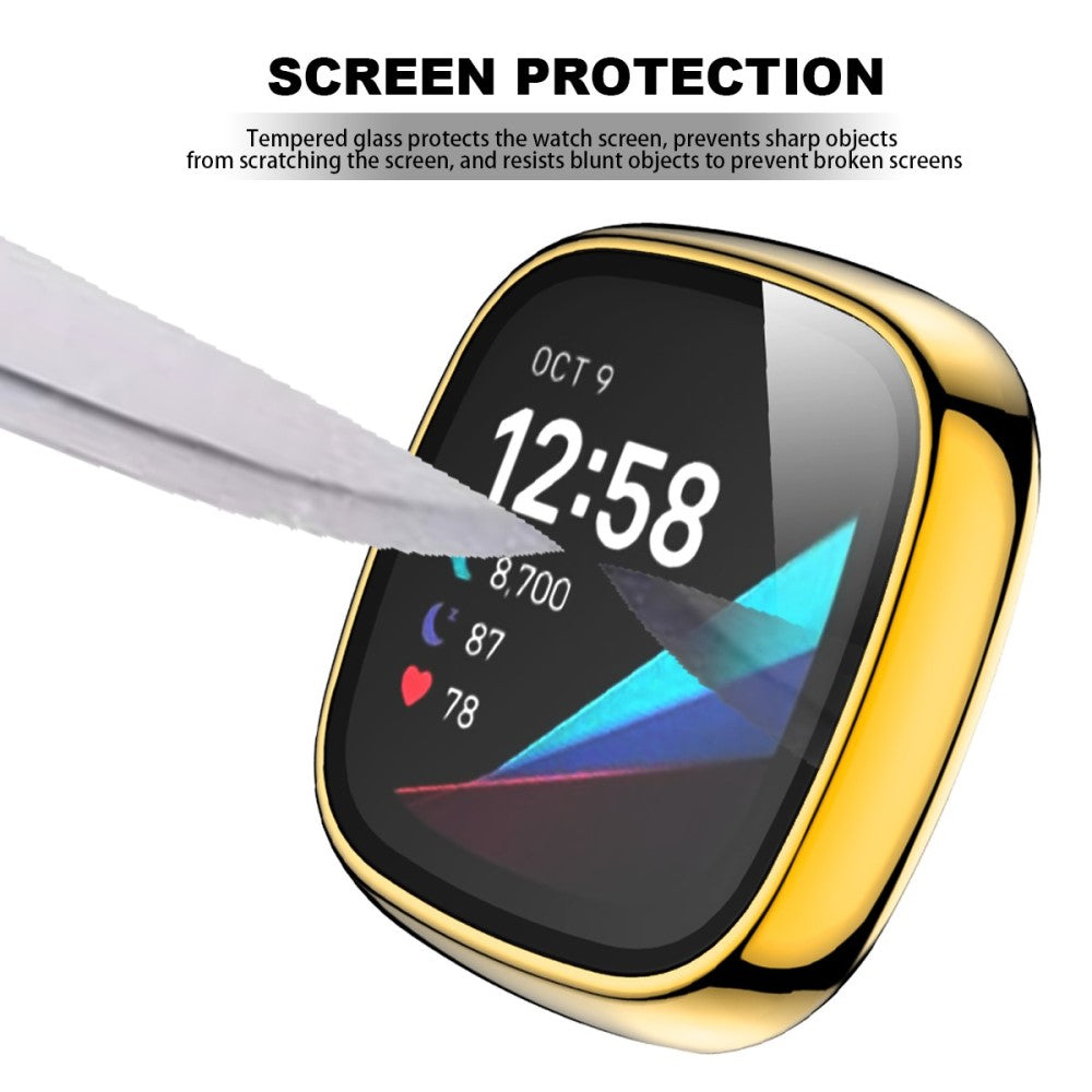 Vildt Godt Fitbit Versa 3 Cover med Skærmbeskytter i Plastik og Hærdet Glas - Guld#serie_5
